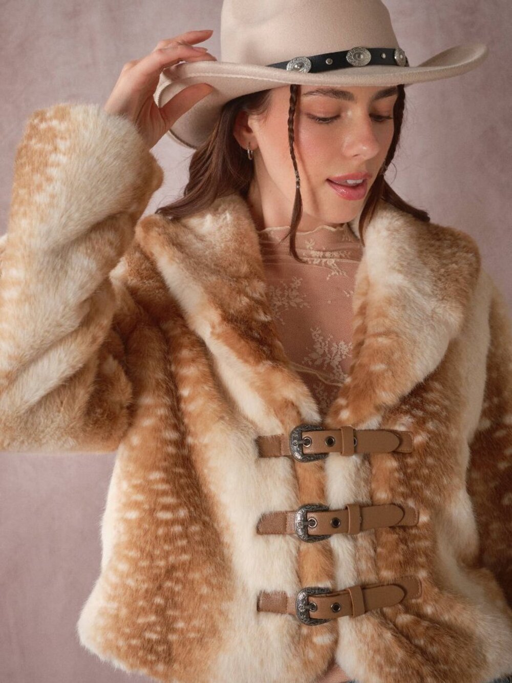 NWT BLUE B Buckled Deer Print Faux Fur Jacket - Picture 1 of 6